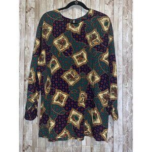 Vintage Combinations Navy Blue Dark Green Equestrian Horse Print Blouse Shirt 2X